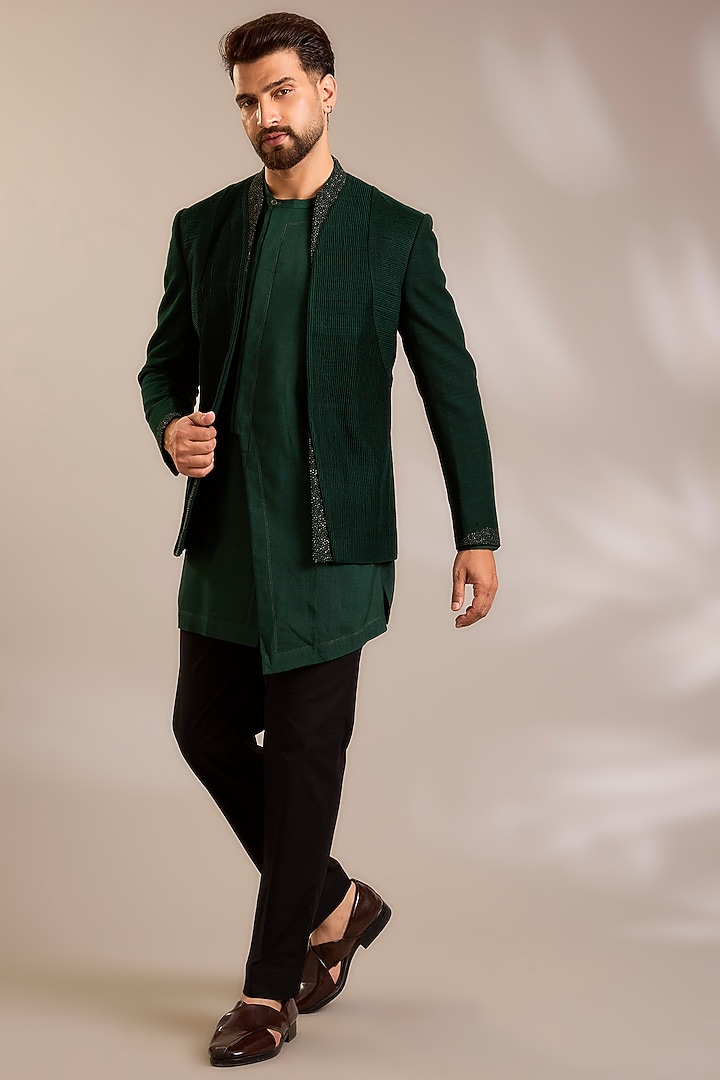 Bottle Green Silk Groom Indowestern Set by Dhruv Vaish at Pernia's Pop Up Shop