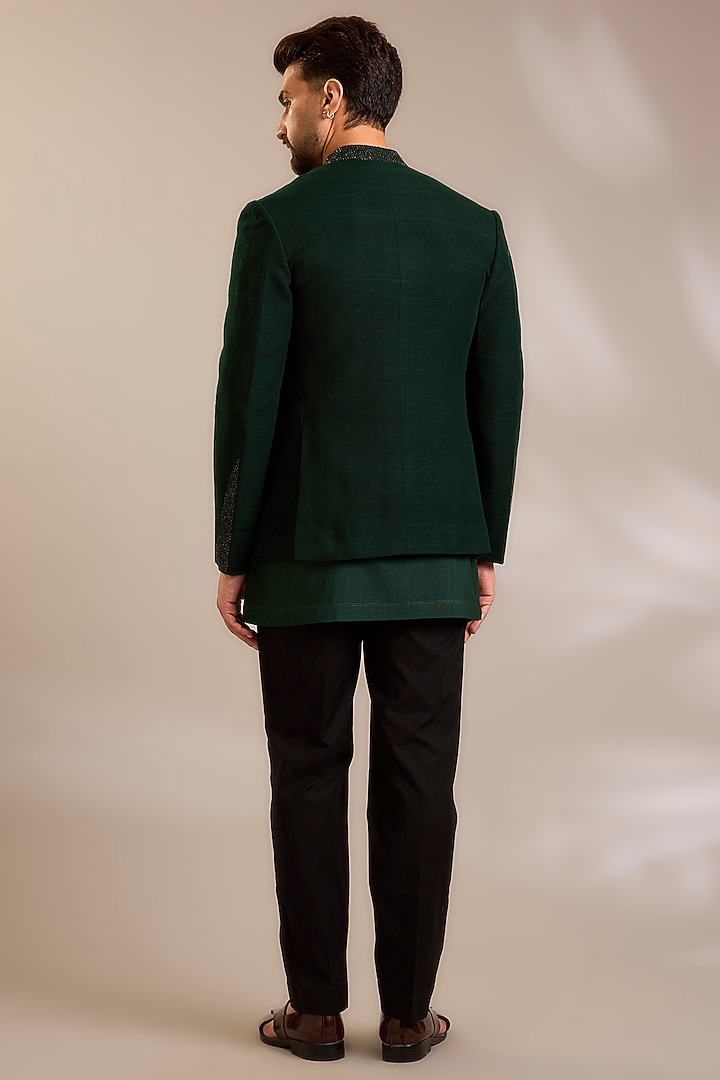 Bottle Green Silk Groom Indowestern Set by Dhruv Vaish at Pernia's Pop Up Shop