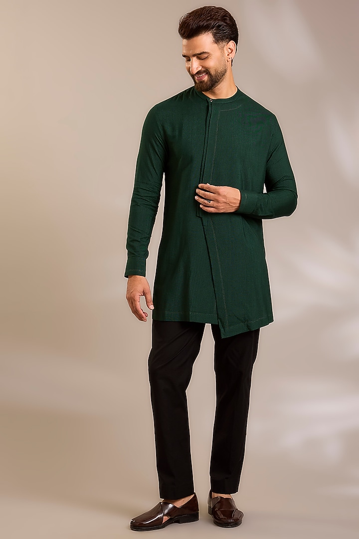 Bottle Green Silk Groom Indowestern Set by Dhruv Vaish at Pernia's Pop Up Shop