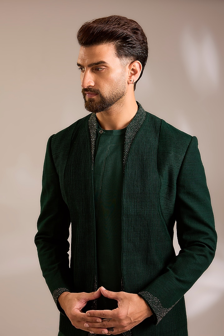 Bottle Green Silk Groom Indowestern Set by Dhruv Vaish at Pernia's Pop Up Shop