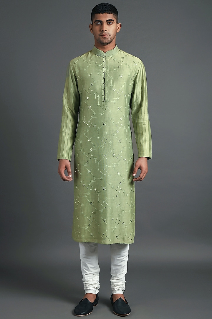 Jade Green Cotton Silk Chanderi Embroidered Kurta by Dhruv Vaish at Pernia's Pop Up Shop