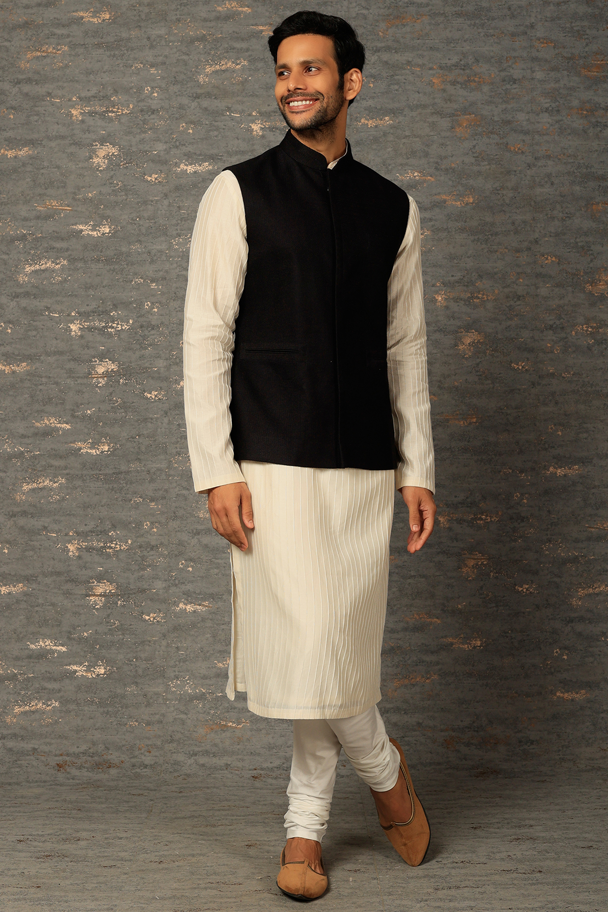Black Textured Cotton Silk Nehru Jacket by Dhruv Vaish at Pernia's Pop Up Shop