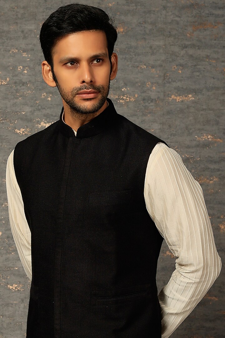 Black Textured Cotton Silk Nehru Jacket by Dhruv Vaish at Pernia's Pop Up Shop