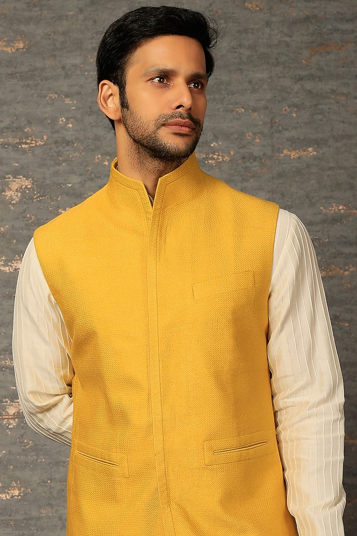Yellow Textured Cotton Silk Nehru Jacket Set by Dhruv Vaish at Pernia's Pop Up Shop