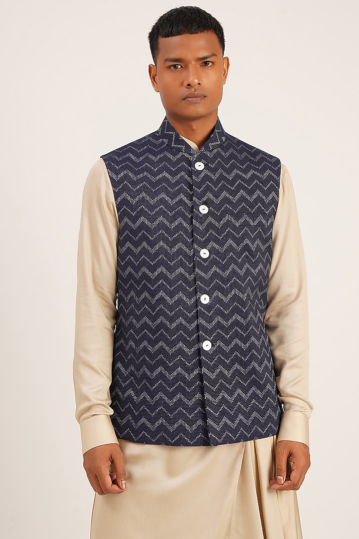 Navy Blue Cotton Silk Nehru Jacket by Dhruv Vaish at Pernia's Pop Up Shop