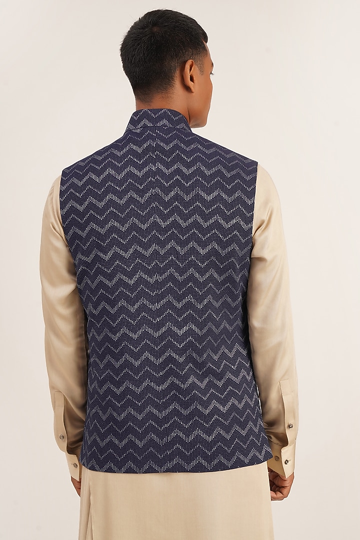 Navy Blue Cotton Silk Nehru Jacket by Dhruv Vaish at Pernia's Pop Up Shop