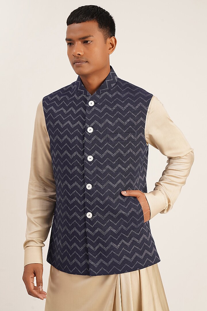 Navy Blue Cotton Silk Nehru Jacket by Dhruv Vaish at Pernia's Pop Up Shop