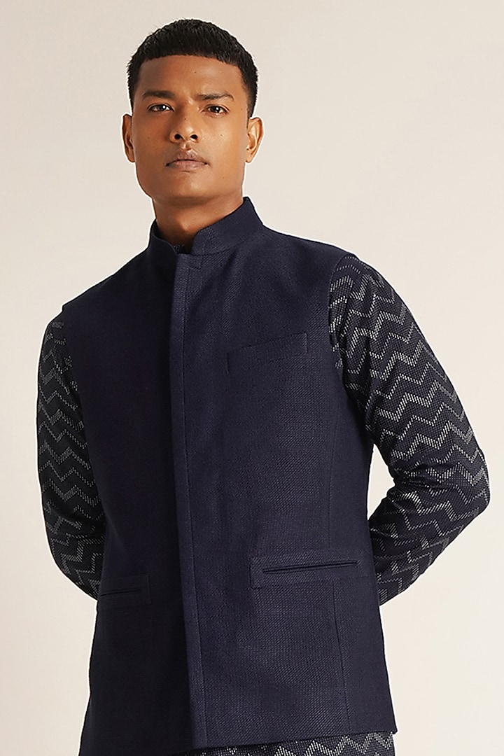 Navy Blue Textured Cotton Silk Nehru Jacket by Dhruv Vaish at Pernia's Pop Up Shop