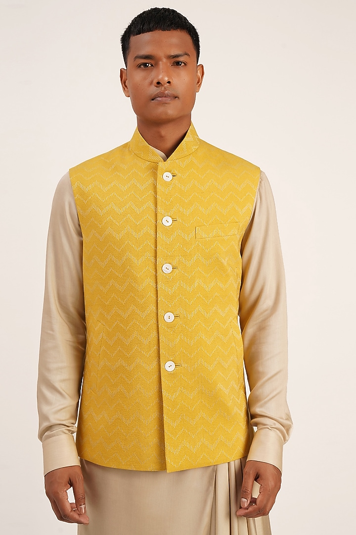 Marigold Cotton Silk Nehru Jacket by Dhruv Vaish at Pernia's Pop Up Shop
