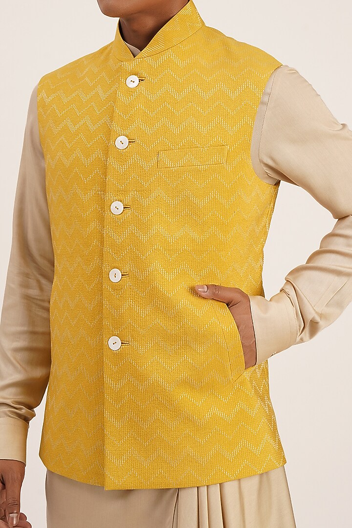 Marigold Cotton Silk Nehru Jacket by Dhruv Vaish at Pernia's Pop Up Shop