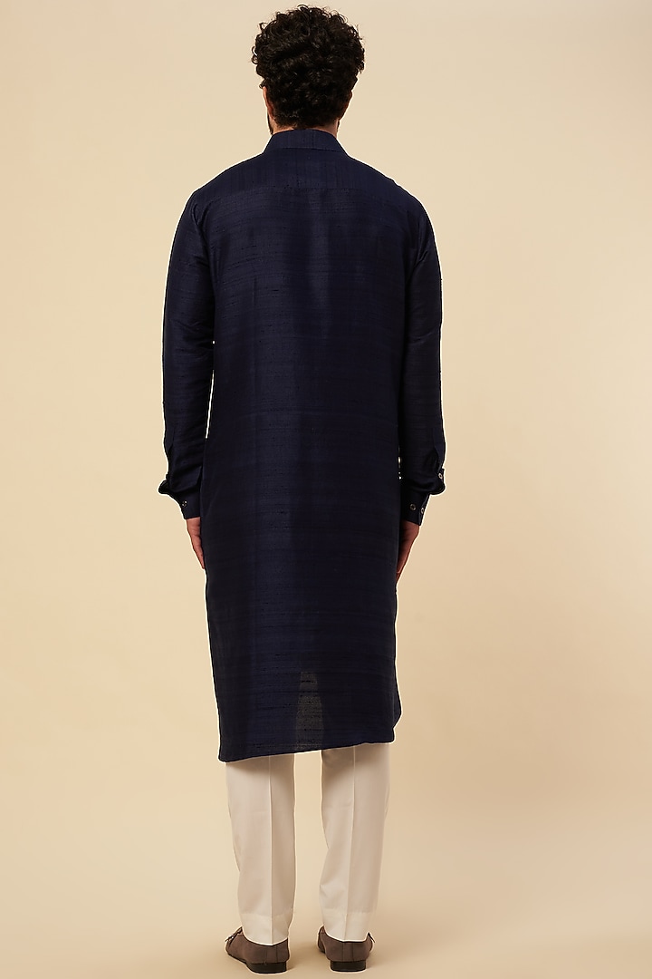 Navy Blue Raw Silk Metallic Embroidered Kurta Set by Dhruv Vaish at Pernia's Pop Up Shop