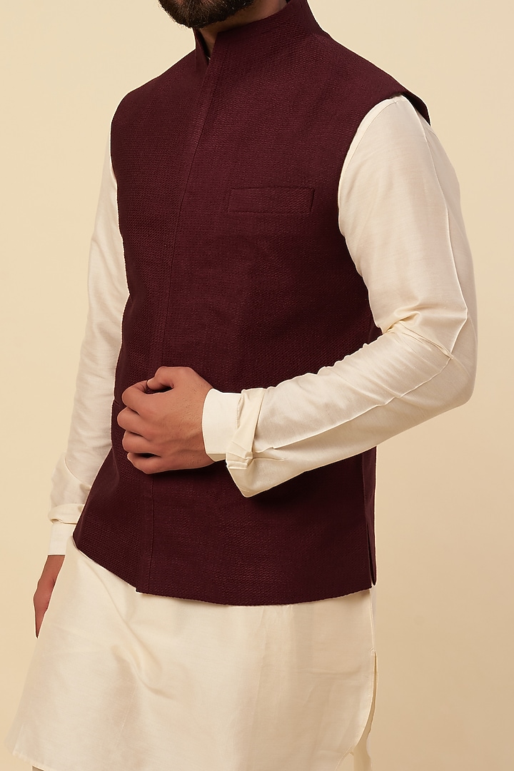 Maroon Cotton Silk Textured Nehru Jacket by Dhruv Vaish at Pernia's Pop Up Shop