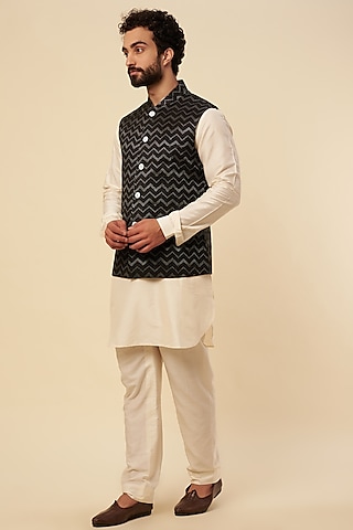 Black Cotton Silk Embroidered Nehru Jacket by Dhruv Vaish