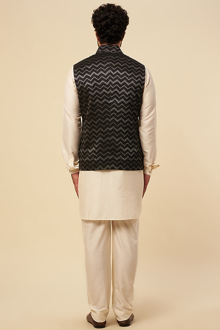 Black Cotton Silk Embroidered Nehru Jacket by Dhruv Vaish at Pernia's Pop Up Shop