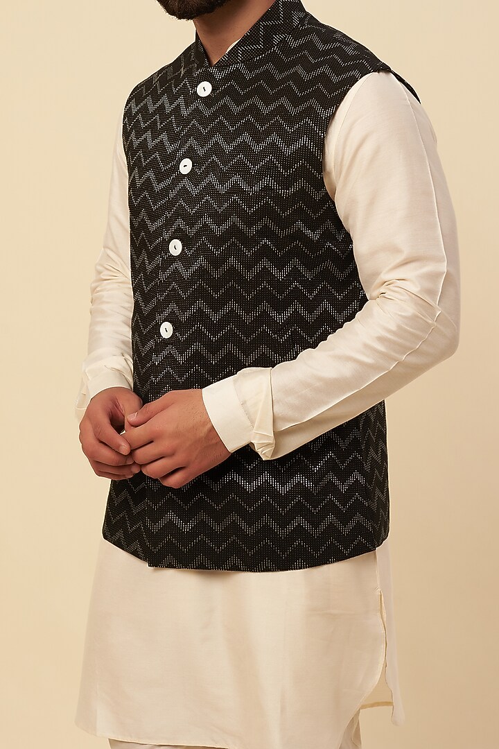 Black Cotton Silk Embroidered Nehru Jacket by Dhruv Vaish at Pernia's Pop Up Shop