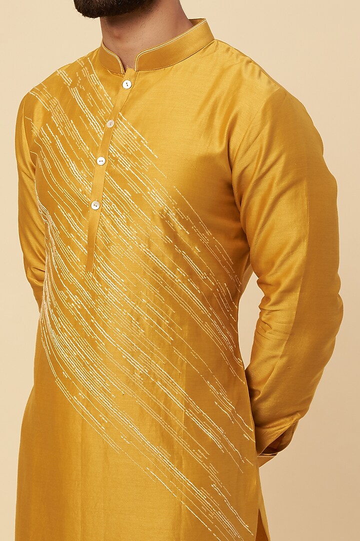 Mustard Cotton Silk Thread Embroidered Kurta Set by Dhruv Vaish at Pernia's Pop Up Shop