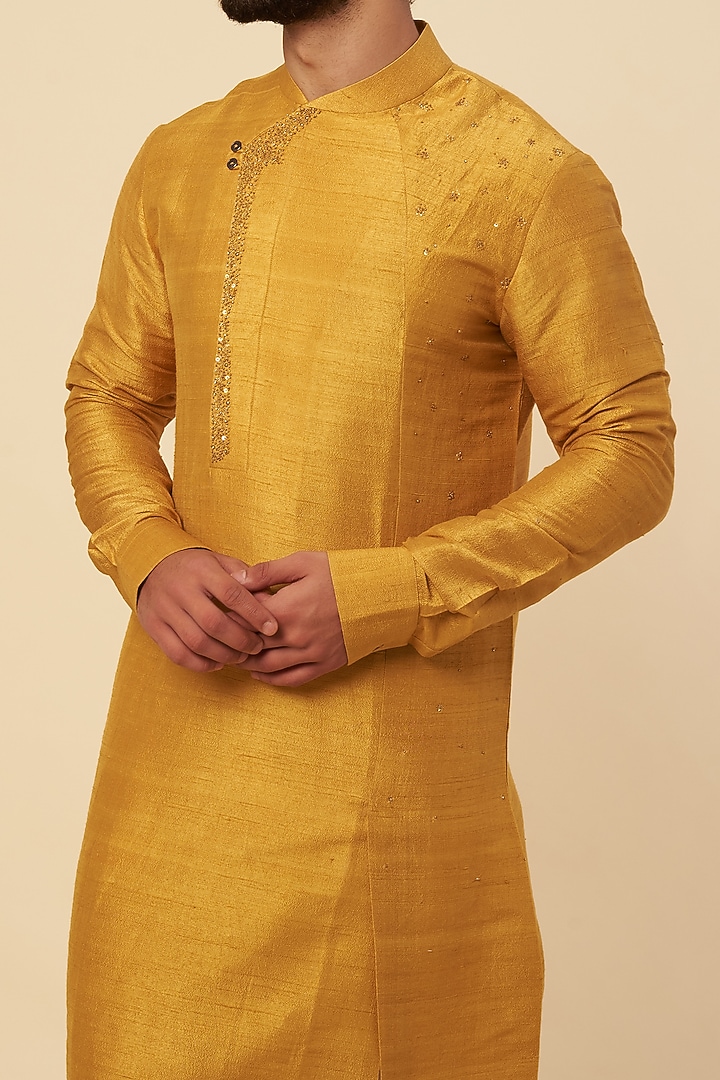 Mustard Raw Silk Embroidered Kurta Set by Dhruv Vaish at Pernia's Pop Up Shop
