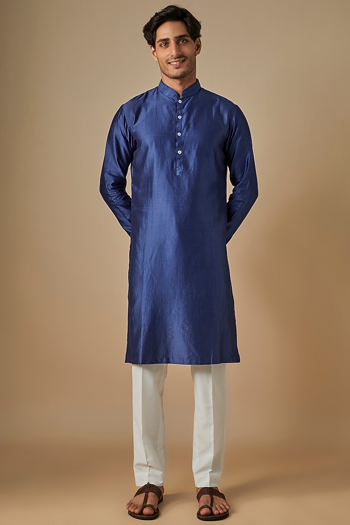 Blue Silk Kurta Set by Dhruv Vaish at Pernia's Pop Up Shop