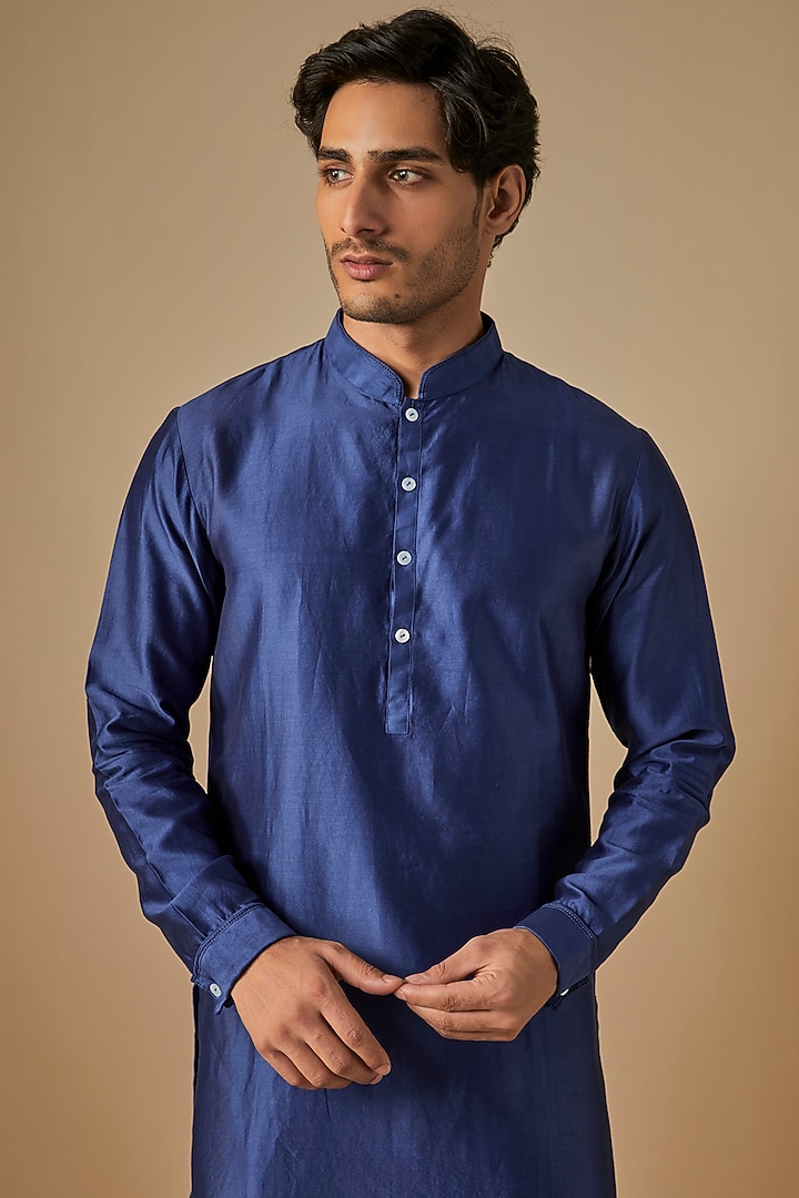Blue Silk Kurta Set by Dhruv Vaish at Pernia's Pop Up Shop