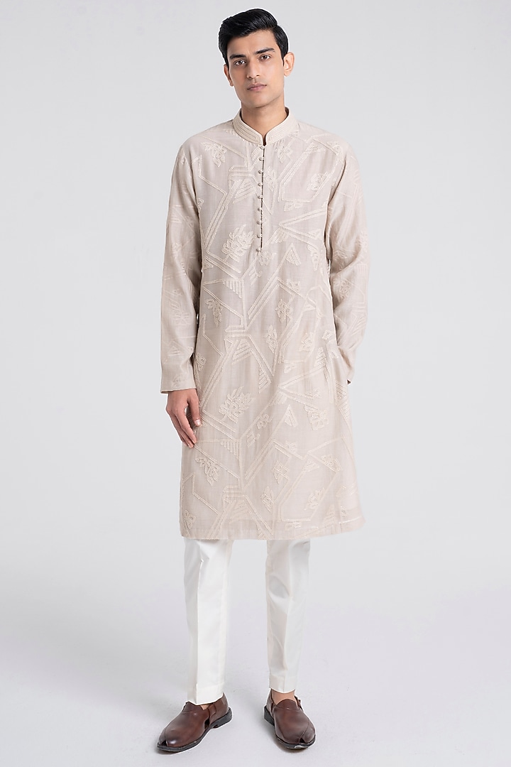 Moon Rock Colored Chanderi Embroidered Kurta Set by Dhruv Vaish