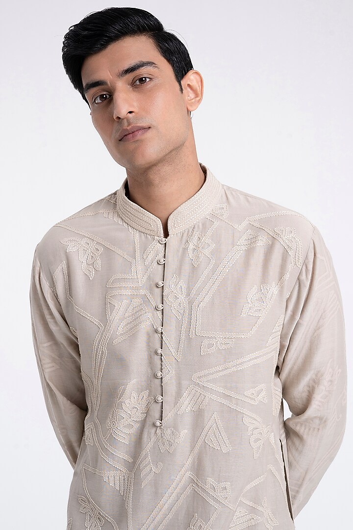 Moon Rock Colored Chanderi Embroidered Kurta Set by Dhruv Vaish at Pernia's Pop Up Shop