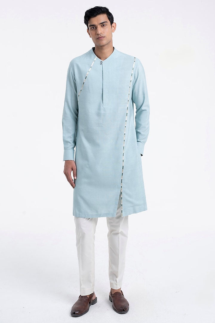 Powder Blue Cotton Silk Thread Embroidered Kurta Set by Dhruv Vaish at Pernia's Pop Up Shop