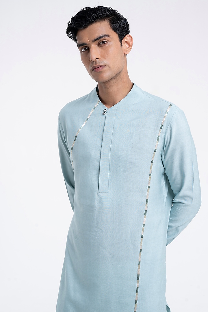 Powder Blue Cotton Silk Thread Embroidered Kurta Set by Dhruv Vaish at Pernia's Pop Up Shop