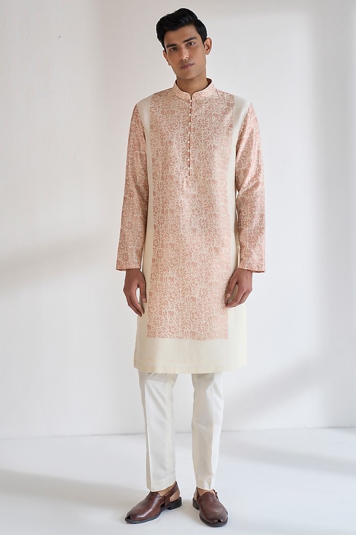Sand Rose Cotton Silk Printed & Thread Embroidered Kurta Set by Dhruv Vaish