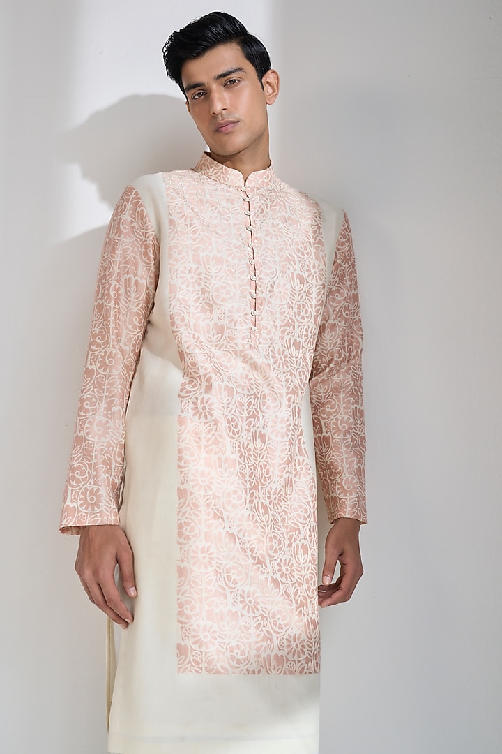 Sand Rose Cotton Silk Printed & Thread Embroidered Kurta Set by Dhruv Vaish at Pernia's Pop Up Shop