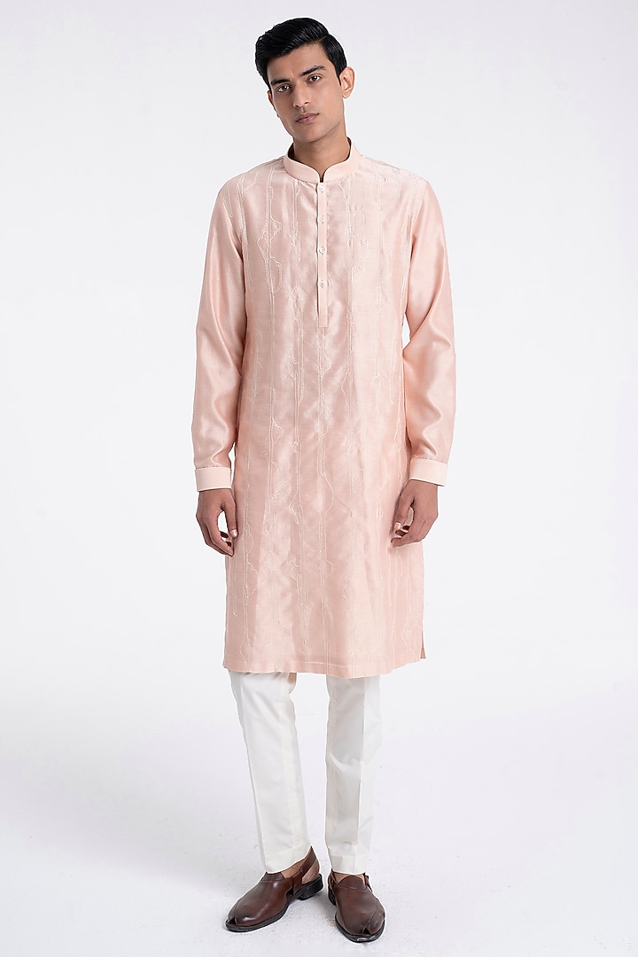 Sand Rose Chanderi Motif Embroidered Kurta Set by Dhruv Vaish