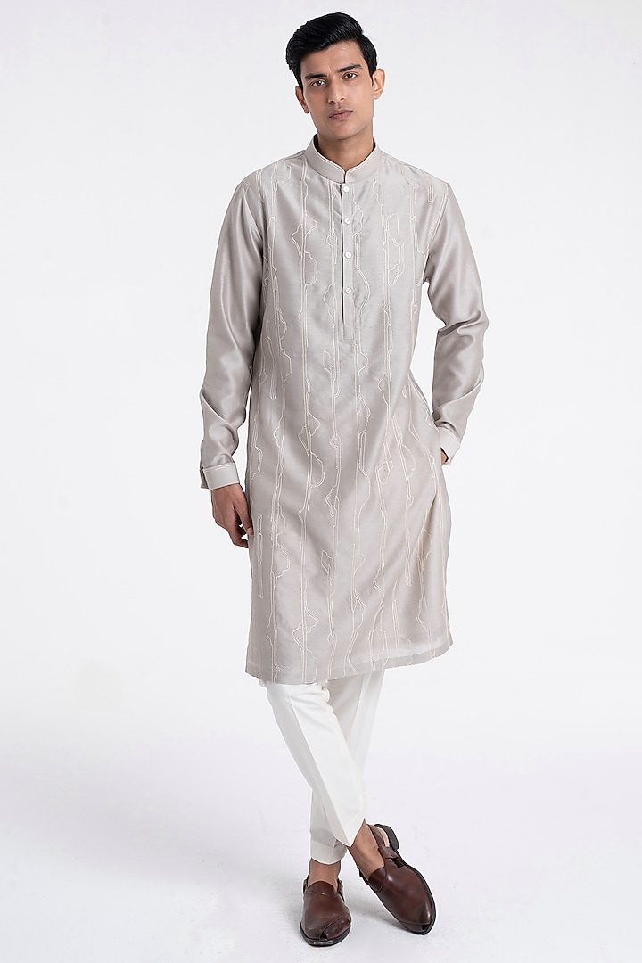 London Fog Chanderi Motif Embroidered Kurta Set by Dhruv Vaish