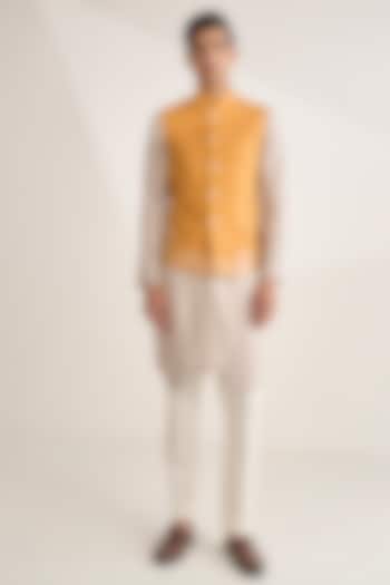 Ochre Silk Embroidered Bundi Jacket by Dhruv Vaish at Pernia's Pop Up Shop