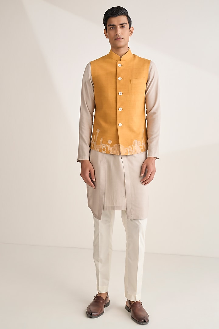 Ochre Silk Embroidered Bundi Jacket by Dhruv Vaish at Pernia's Pop Up Shop
