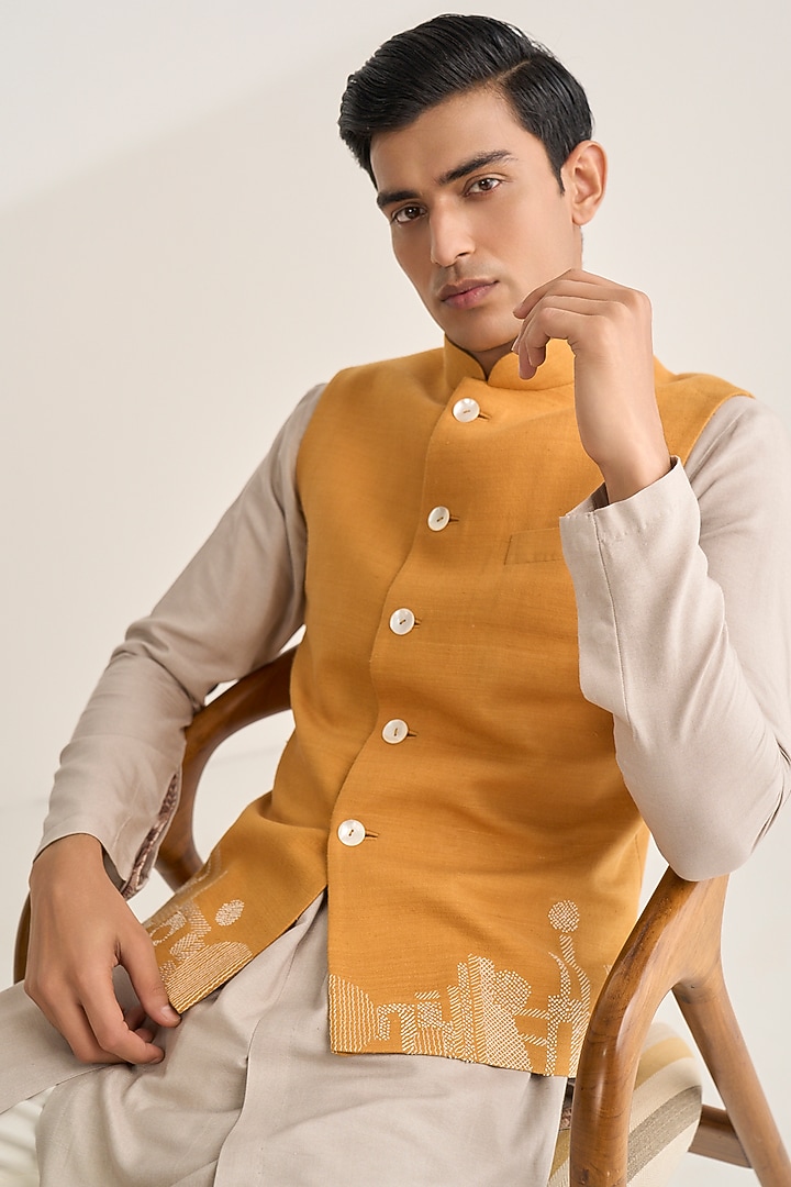 Ochre Silk Embroidered Bundi Jacket by Dhruv Vaish at Pernia's Pop Up Shop