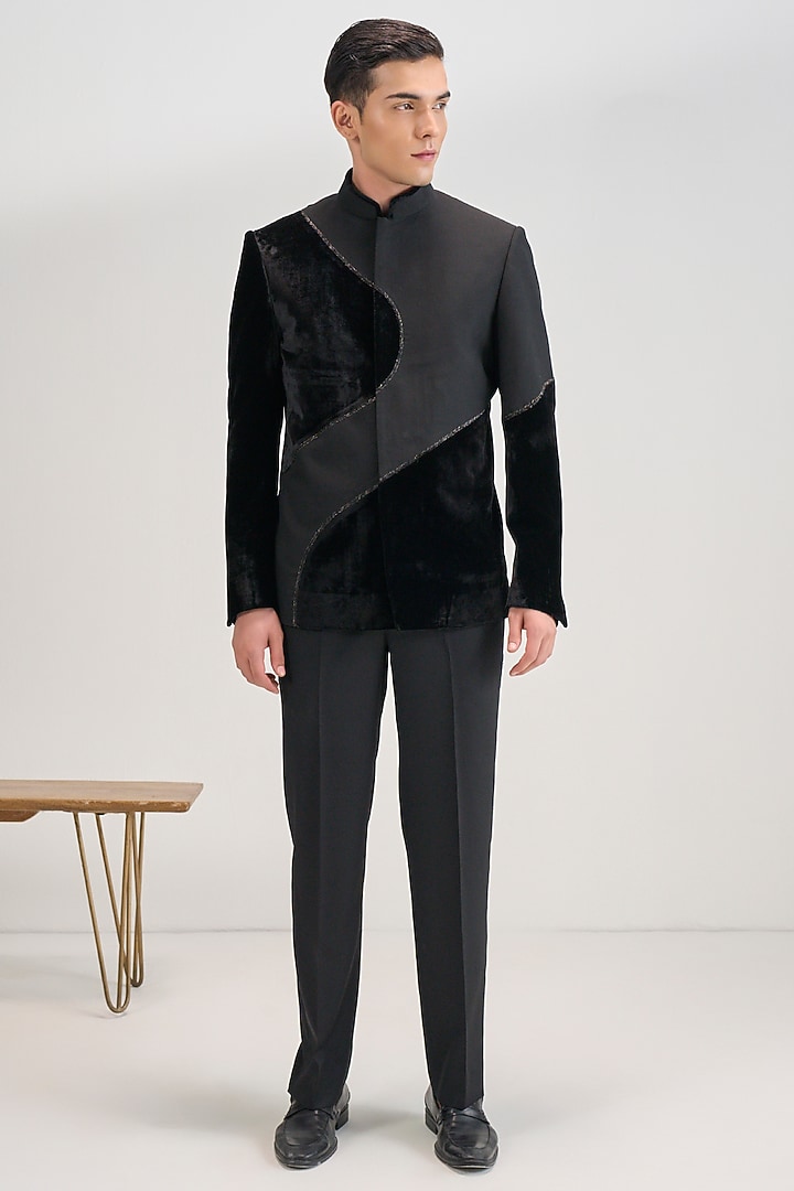 Black Velvet & Suiting Embroidered Wedding Bandhgala by Dhruv Vaish at Pernia's Pop Up Shop