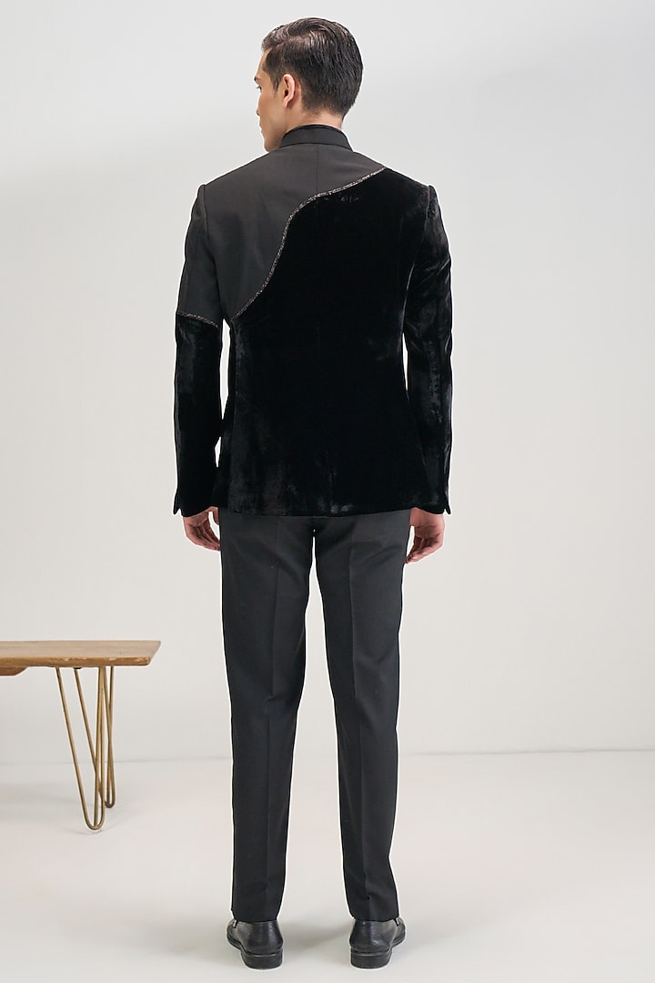 Black Velvet & Suiting Embroidered Wedding Bandhgala by Dhruv Vaish at Pernia's Pop Up Shop