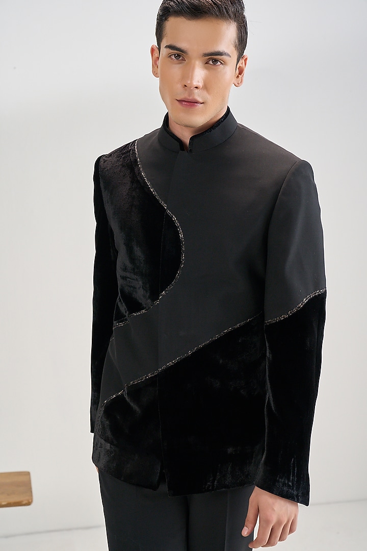 Black Velvet & Suiting Embroidered Wedding Bandhgala by Dhruv Vaish at Pernia's Pop Up Shop