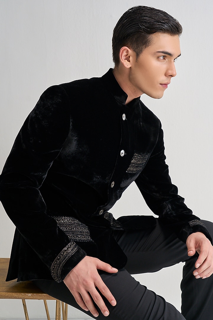 Black Velvet Embroidered Wedding Bandhgala by Dhruv Vaish at Pernia's Pop Up Shop