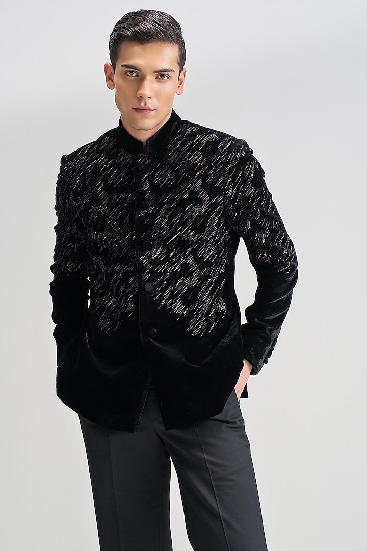Black Velvet Zari Embroidered Groom Bandhgala by Dhruv Vaish at Pernia's Pop Up Shop