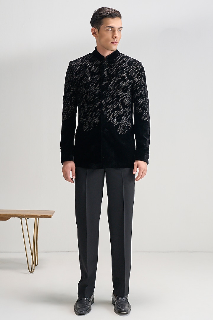 Black Velvet Zari Embroidered Groom Bandhgala by Dhruv Vaish at Pernia's Pop Up Shop