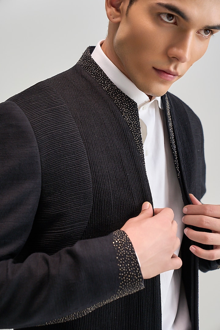 Black Matka Silk Beadwork Open Wedding Bandhgala by Dhruv Vaish at Pernia's Pop Up Shop