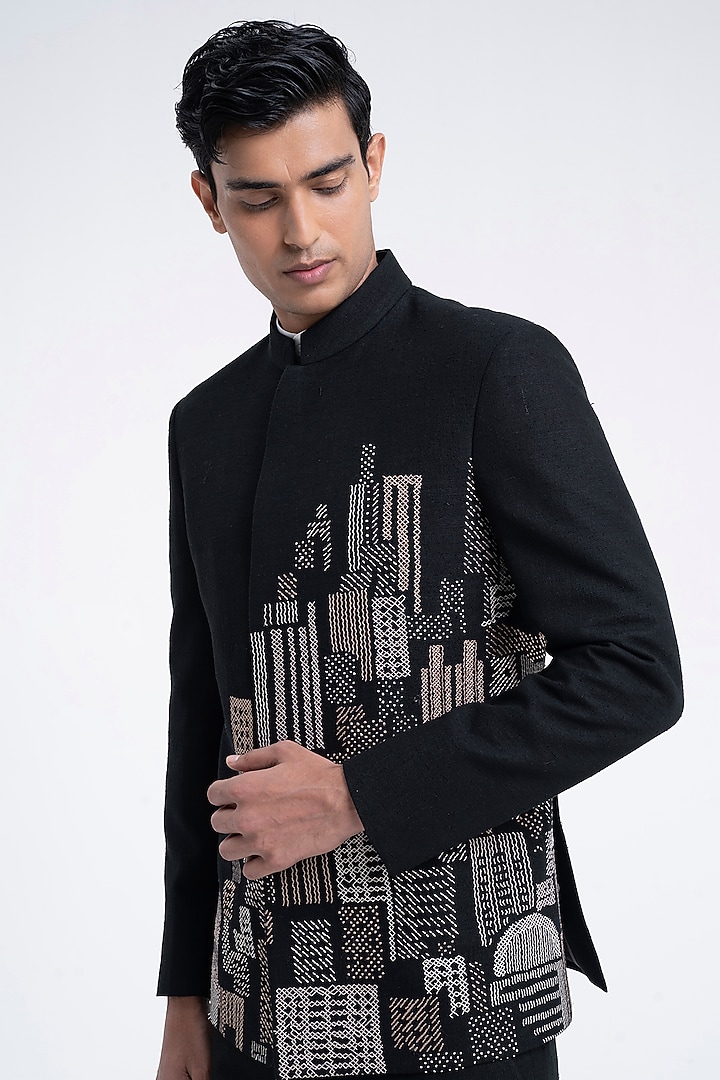Black Silk Thread Embroidered Bandhgala by Dhruv Vaish