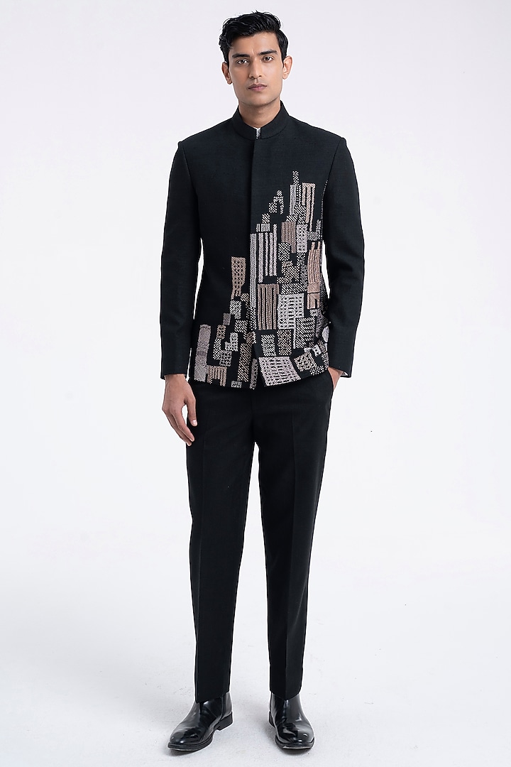 Black Silk Thread Embroidered Wedding Bandhgala by Dhruv Vaish at Pernia's Pop Up Shop