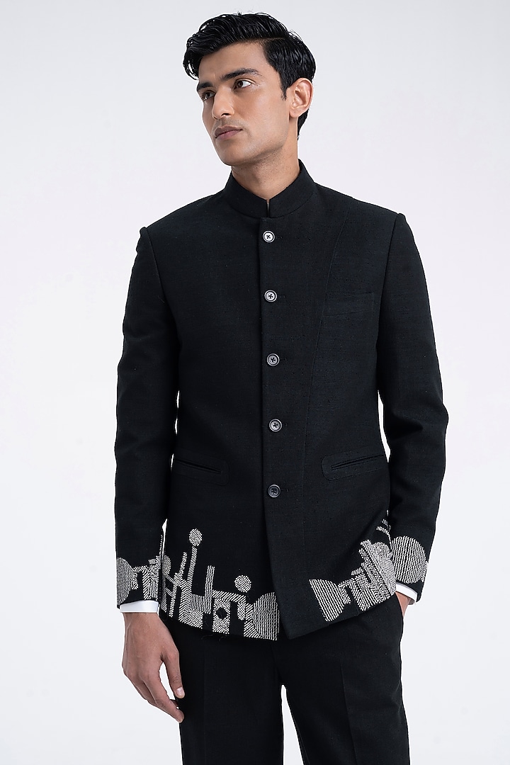 Black Silk Thread Embroidered Bandhgala by Dhruv Vaish
