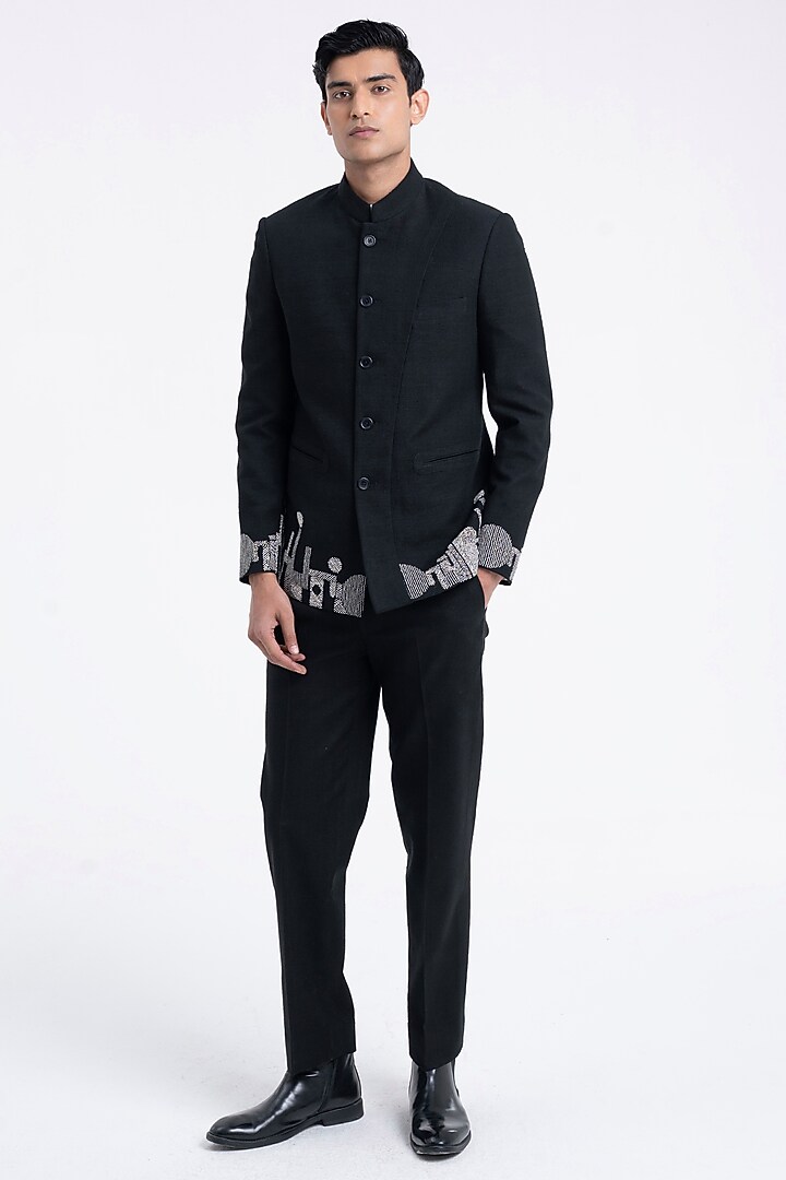 Black Silk Thread Embroidered Wedding Bandhgala by Dhruv Vaish at Pernia's Pop Up Shop