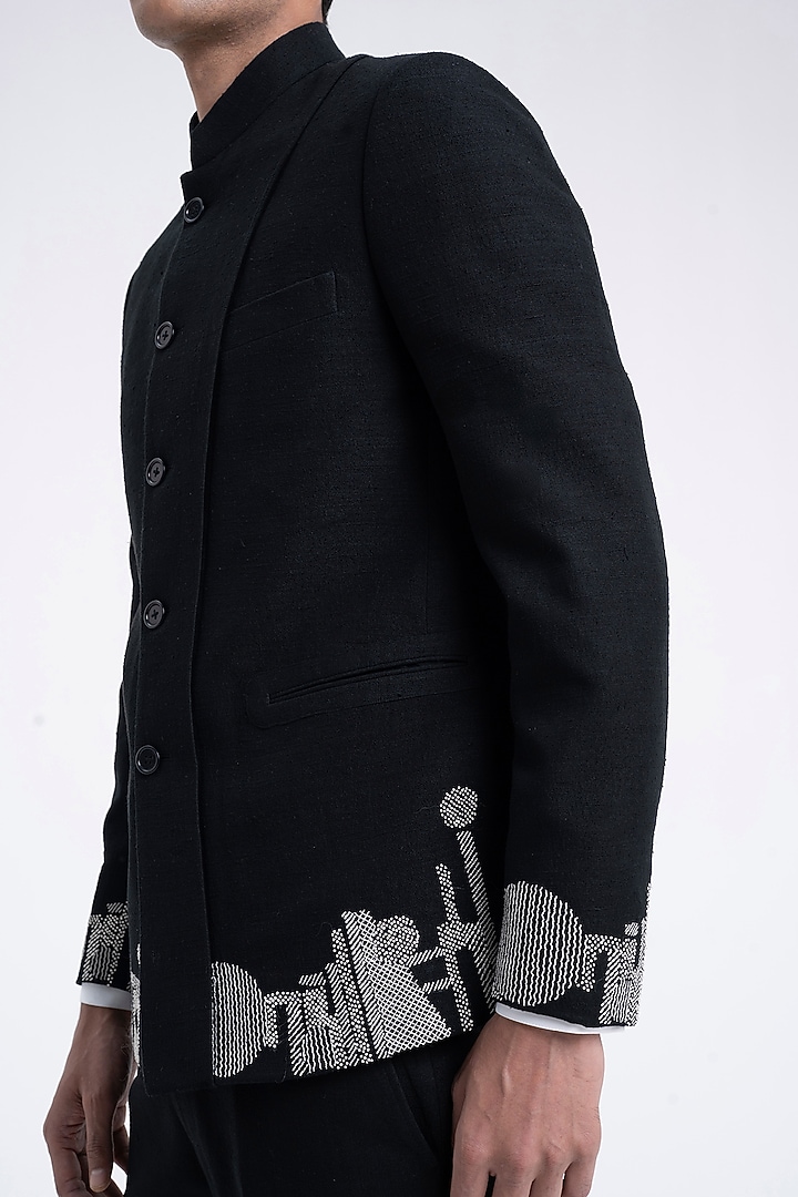 Black Silk Thread Embroidered Wedding Bandhgala by Dhruv Vaish at Pernia's Pop Up Shop