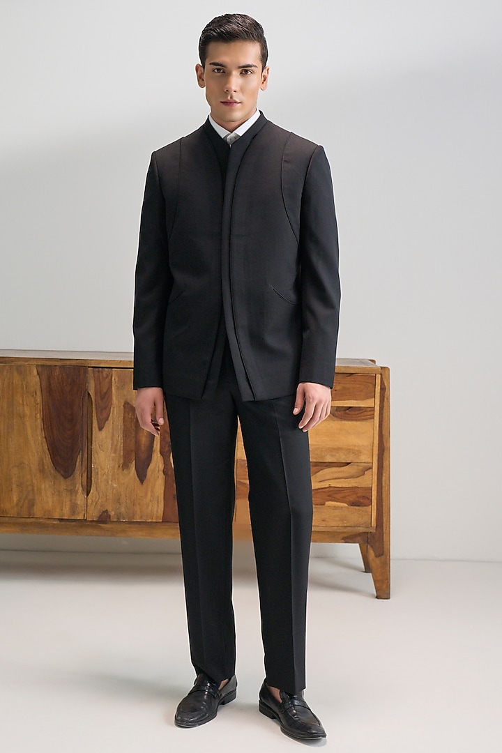 Black Suiting Bandhgala by Dhruv Vaish