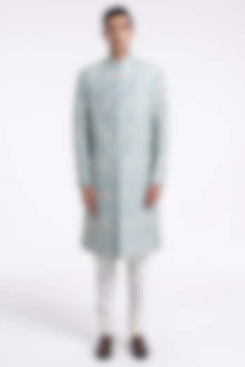 Powder Blue Silk Zari Embroidered Sherwani Set by Dhruv Vaish