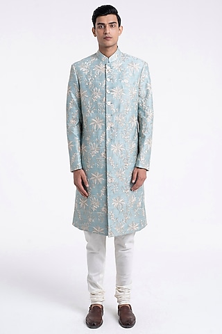 Powder Blue Silk Zari Embroidered Sherwani Set by Dhruv Vaish
