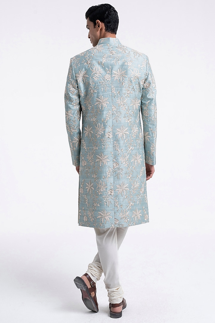 Powder Blue Silk Zari Embroidered Groom Sherwani Set by Dhruv Vaish at Pernia's Pop Up Shop